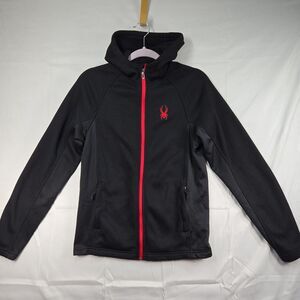 Spyder Full Zip Thermal Waffle Knit Fleece Lined Black Hooded Jacket Mens Small